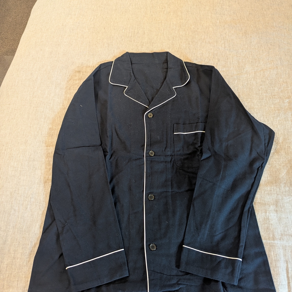 Black Pajama-Style Button Front Top with White Piping